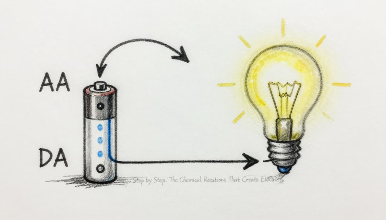 Hand-drawn graphite sketch of an AA battery connected to a glowing light bulb via wires, illustrating electron flow with a curved arrow from negative terminal through the bulb to positive, and dashed arrow for internal positive ion movement.