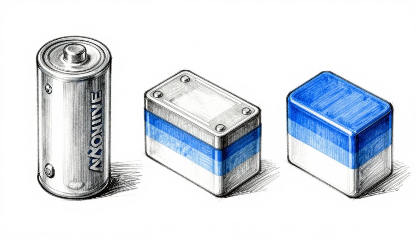 Hand-drawn graphite linework sketch with light shading depicting side-by-side cross-sections of alkaline AA, lead-acid, and lithium-ion pouch cell batteries on a clean white paper background.