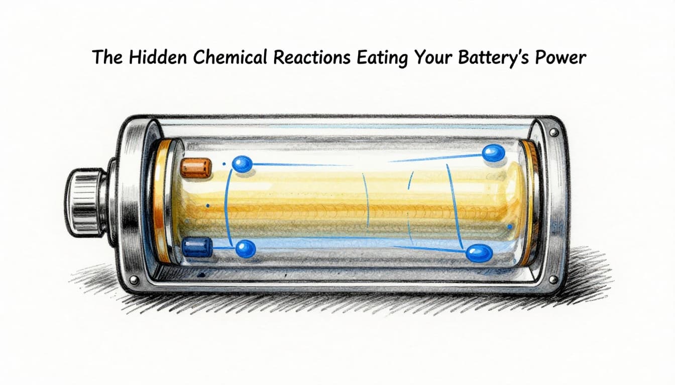 Cross-section view inside a rechargeable battery cell showing ions shuffling between electrodes, some trapped, faint currents, and insulating SEI layer buildup; hand-drawn graphite linework diagram.