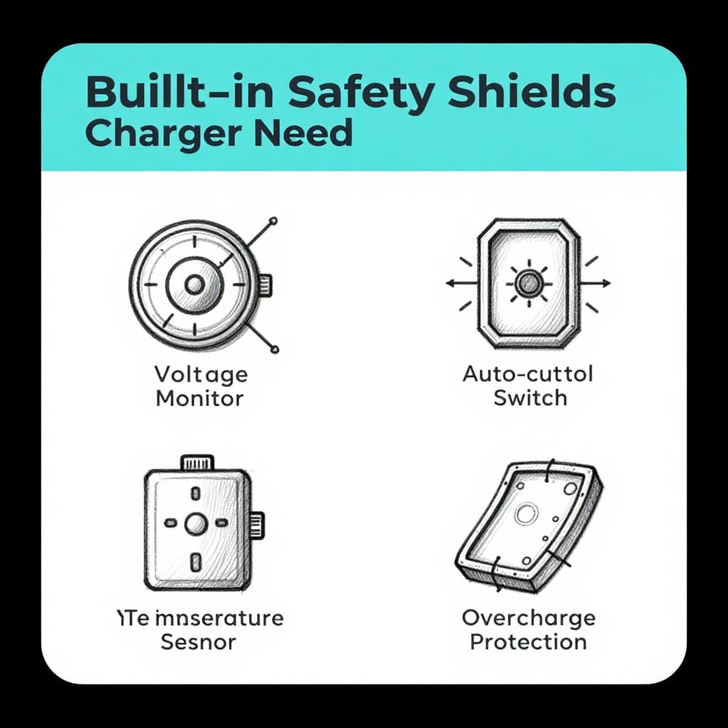 Hand-drawn sketch style icons illustrating essential safety features for battery chargers: voltage monitor, temperature sensor, auto-cutoff switch, and overcharge protection circuit, with graphite linework, light shading, clean white background, and blue accents.