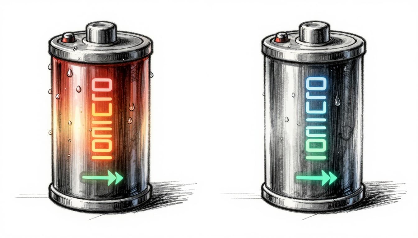 Hand-drawn graphite sketch split composition: battery melting slightly with sweat drops and rapid discharge arrows on hot car dashboard, contrasted with stable battery in cool drawer; light shading, white background.
