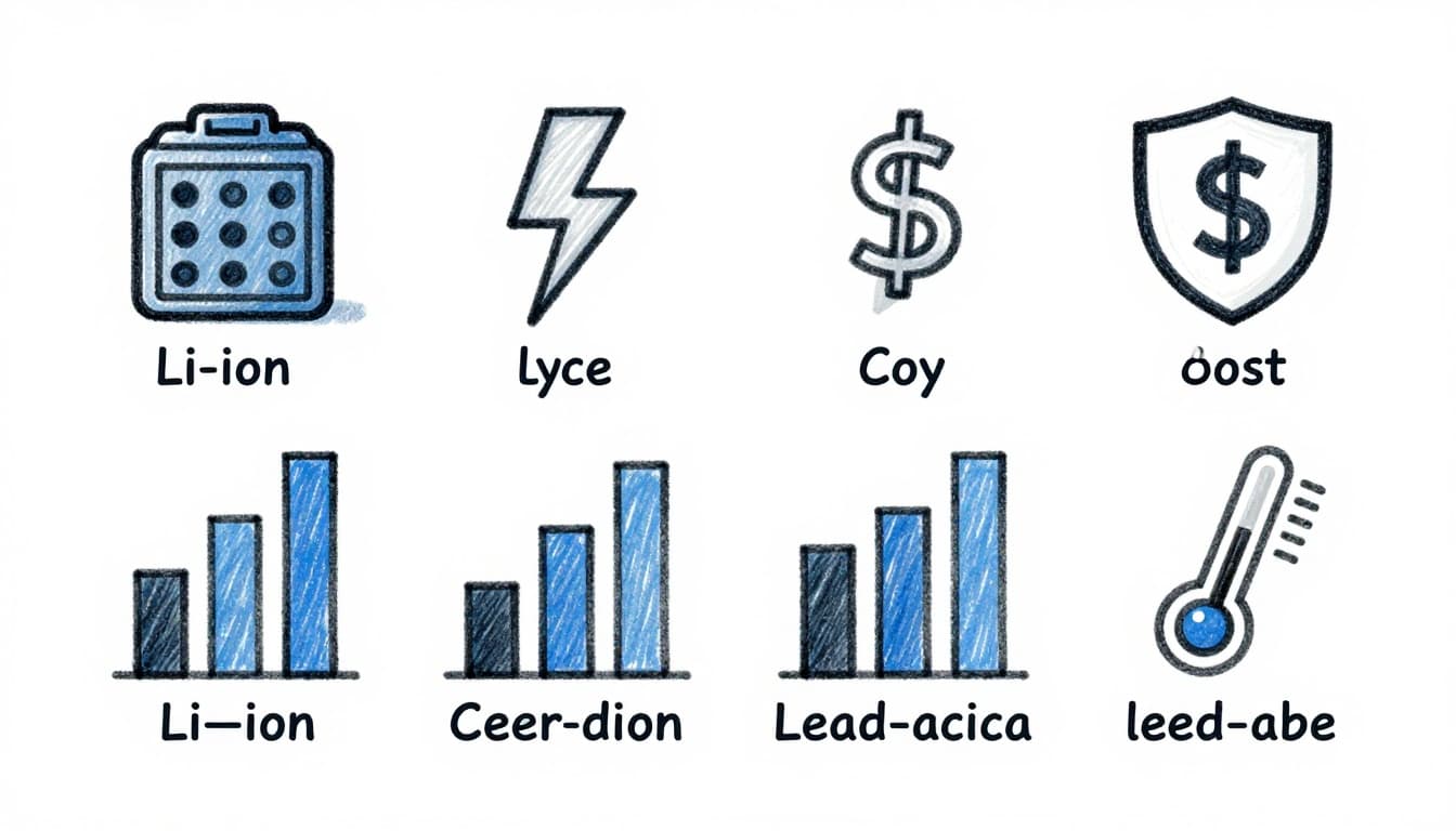Side-by-side hand-drawn sketch comparing key performance metrics of Li-ion, sodium-ion, solid-state, and lead-acid batteries using icons and relative bar graphs for energy density, cycle life, charge speed, safety, cost, and temperature.