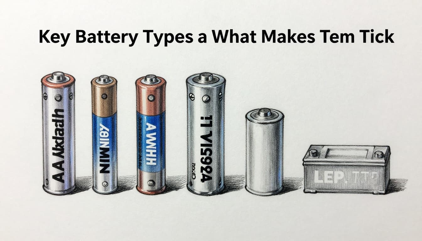 Hand-drawn graphite sketch showing five battery types side by side on a workbench: AA alkaline, AA NiMH, 18650 Li-ion, prismatic LFP, and small rectangular lead-acid car battery, in top-down view with subtle blue metallic accents.