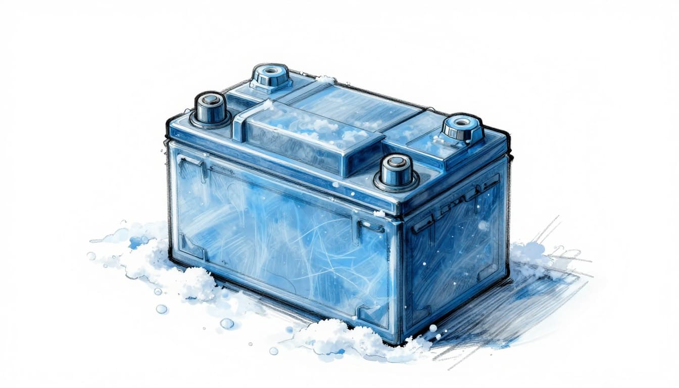 Hand-drawn sketch of a car battery in cold weather, featuring frost on the exterior, increased internal resistance, lithium plating, and a cutaway view revealing internal stress in a winter outdoor setting.