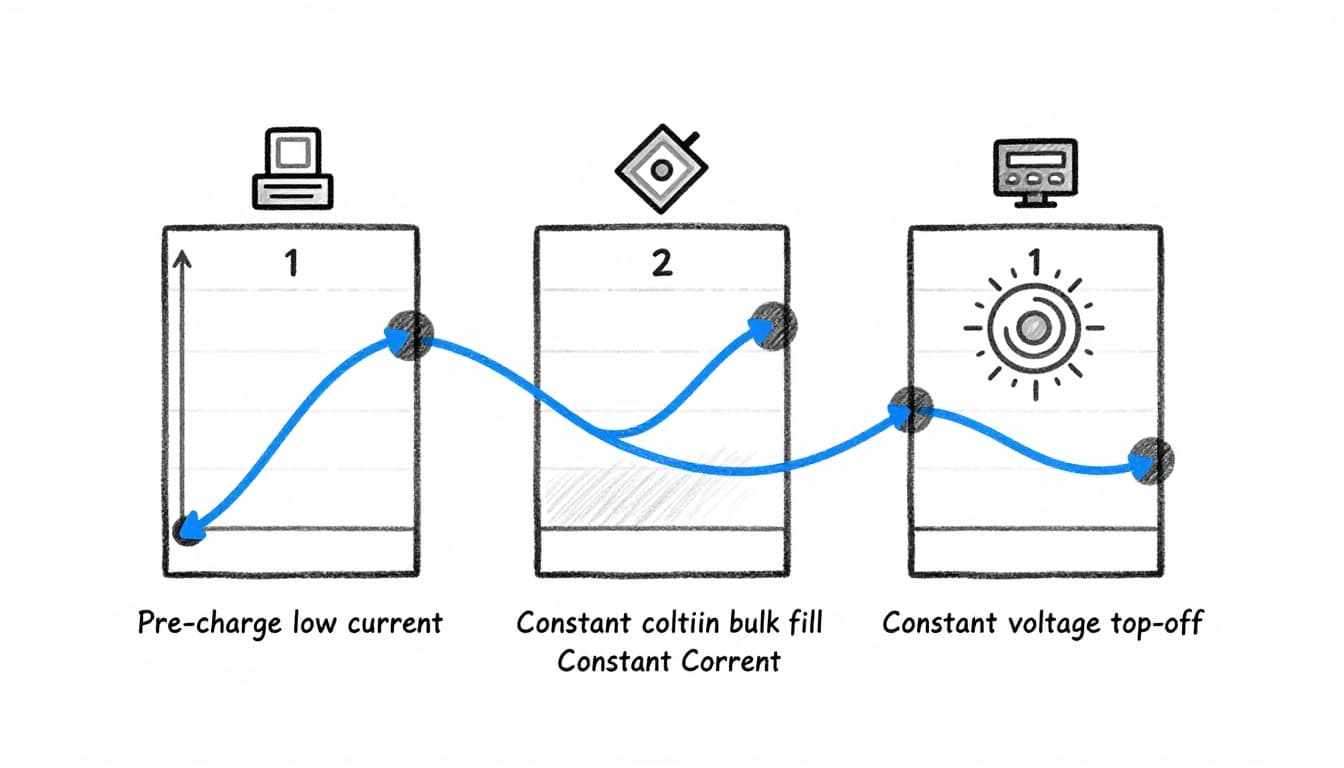 Hand-drawn sketch style diagram showing the three stages of battery charging: pre-charge low current, constant current bulk fill, and constant voltage top-off, with simple icons, voltage and current curves in #1E73BE on a clean white background.