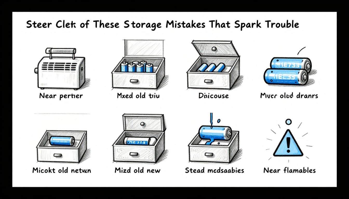 Hand-drawn graphite sketch with light shading on a white background, depicting four common battery storage mistakes in simple icon panels: batteries near a heater, mixed old and new batteries in a drawer, a swollen leaking battery, and batteries near flammables. Blue warning highlights emphasize dangers, clean composition with no text, people, overlaps, or borders.