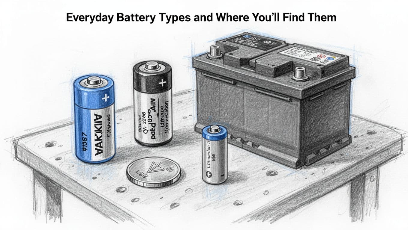 Hand-drawn graphite sketch of five common batteries—AA alkaline, AA zinc-carbon, lithium coin cell, small lithium-ion cylindrical, and large lead-acid car battery—arranged on a workbench for visual comparison of shapes and sizes.