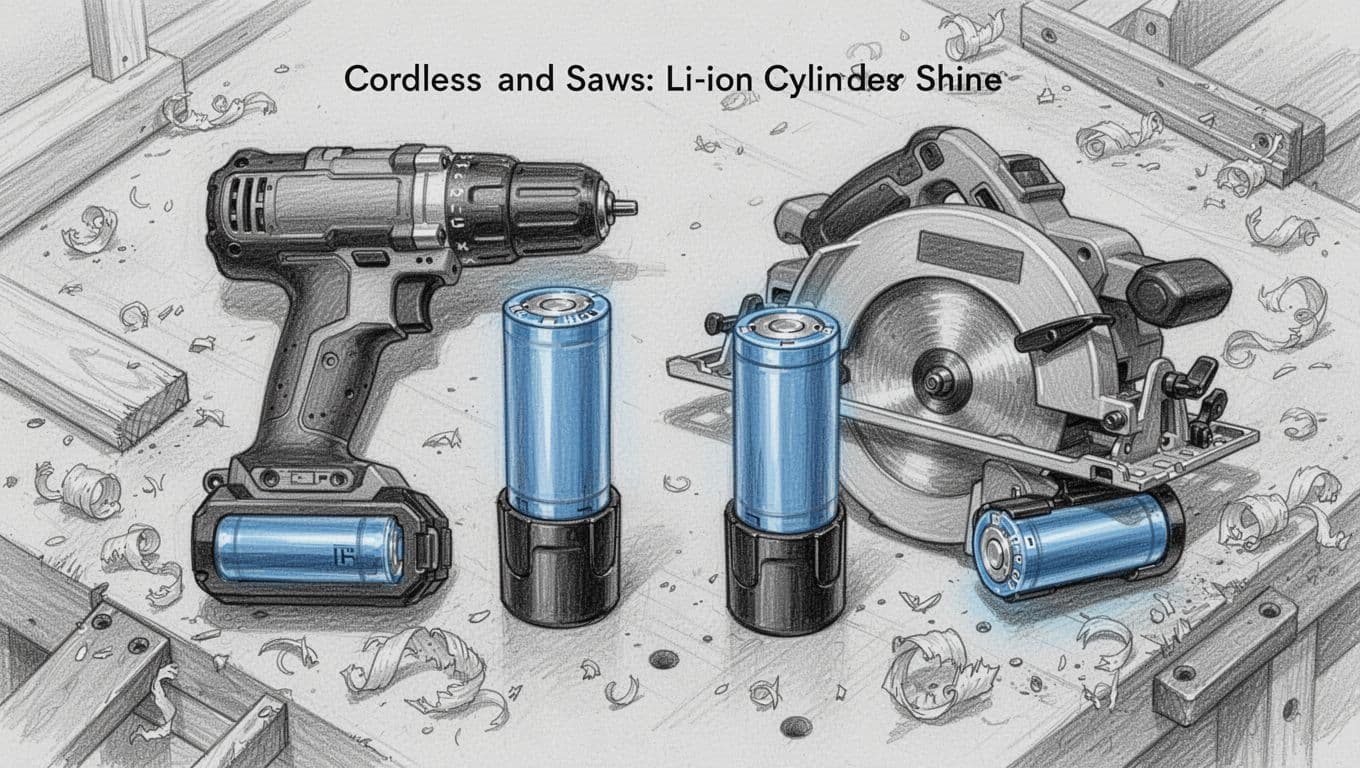 Hand-drawn graphite sketch in top-down view of a cordless drill and circular saw with large removable Li-ion cylindrical battery packs on a workshop workbench with wood shavings and metal scraps, featuring fine linework, light shading, and subtle blue metallic accents on batteries.