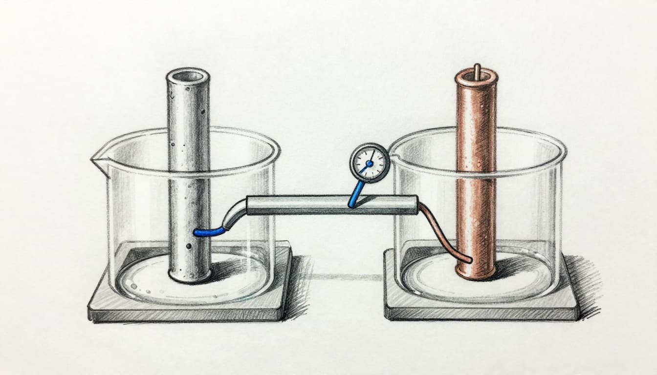Hand-drawn graphite linework sketch of a Daniell cell showing zinc rod oxidizing in zinc sulfate solution, copper rod reducing in copper sulfate solution, connected by U-shaped salt bridge and external wire with voltmeter displaying voltage.