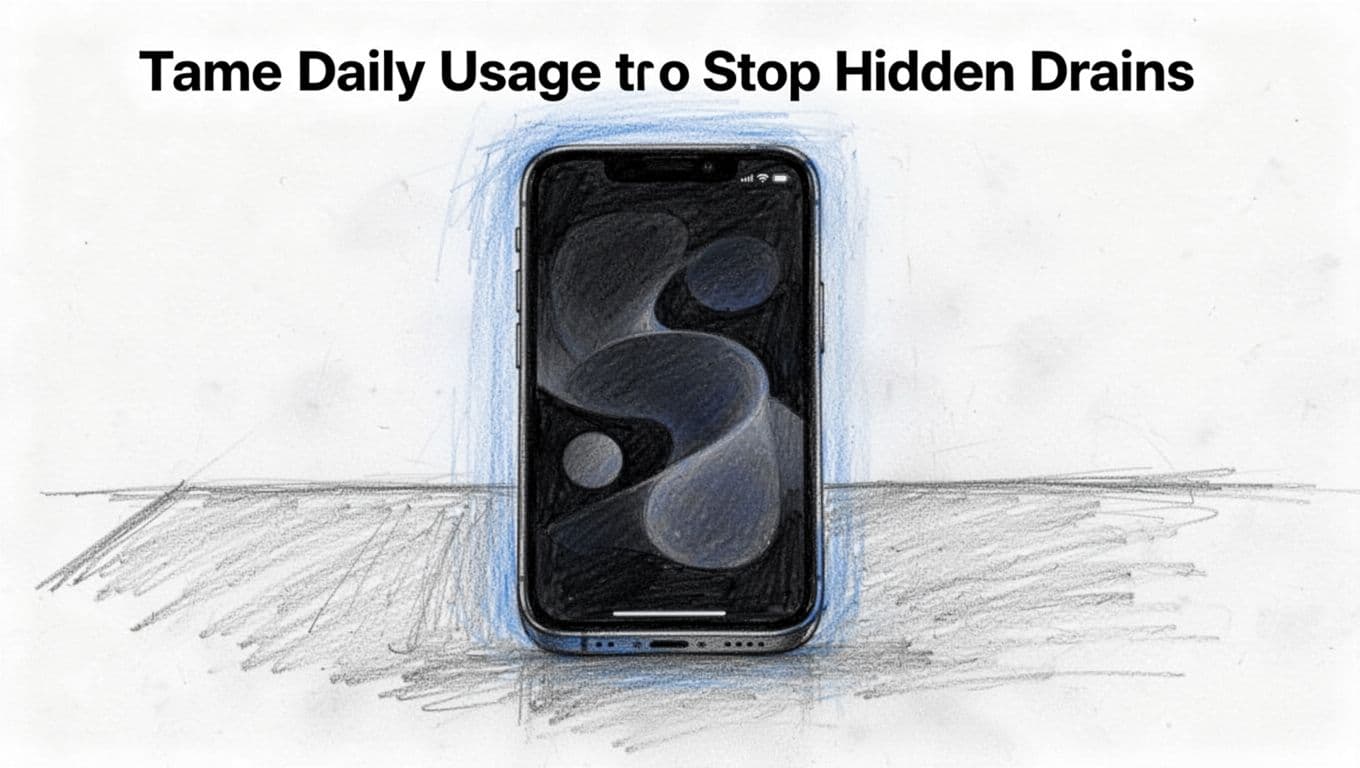 Hand-drawn graphite sketch on white paper of a smartphone screen in dark mode at low brightness on a table, featuring abstract shapes and subtle blue glow for power savings visualization.