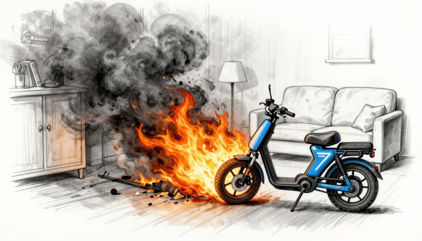 Hand-drawn sketch of an e-bike battery fire in an apartment, showing flames from the battery pack, smoke filling the room, and fire spreading to furniture from a side angle.