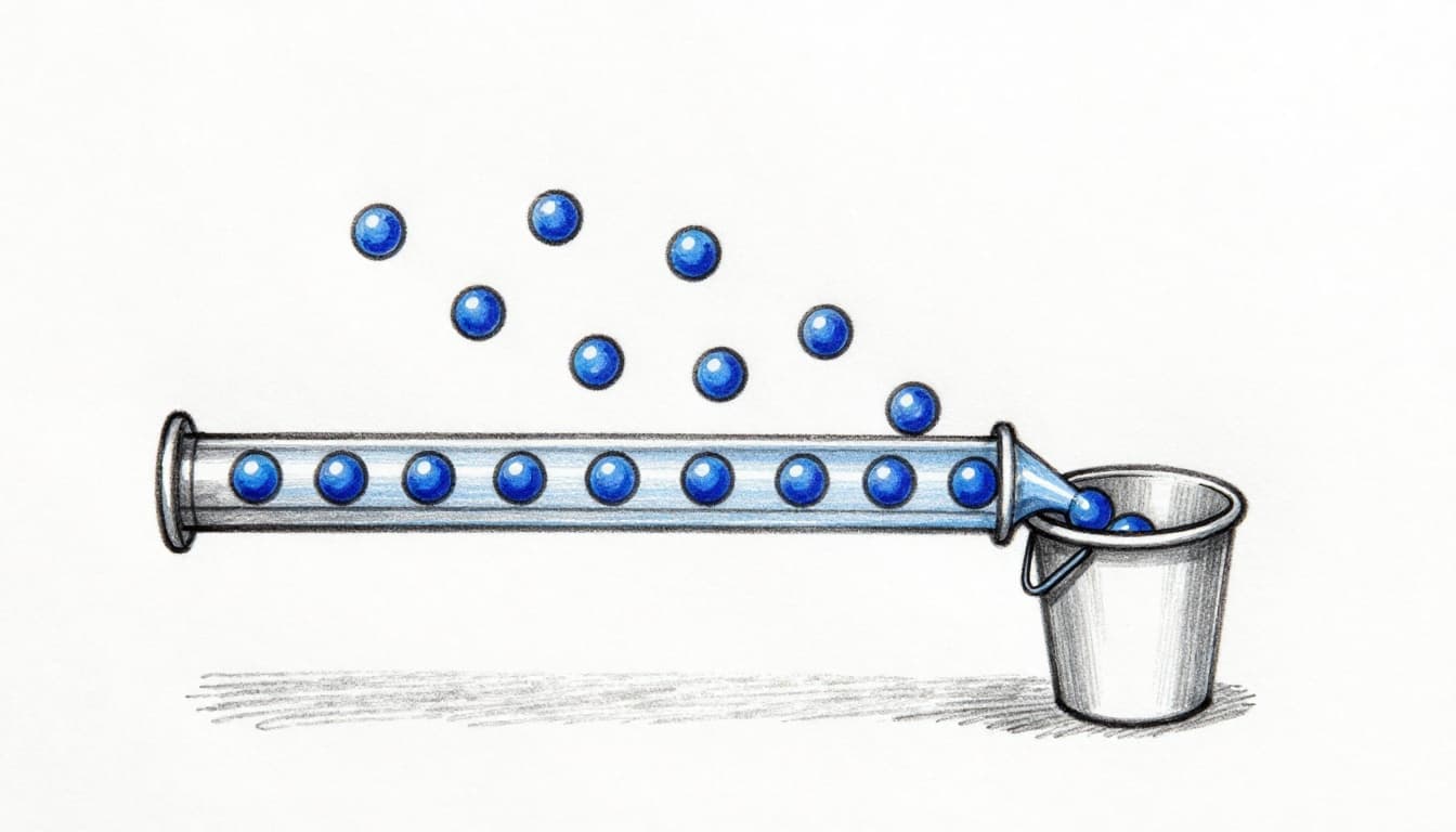 Hand-drawn graphite linework sketch on white paper showing marbles representing electrons rolling down a tube into a measuring bucket, visualizing electric charge flow from left to right.