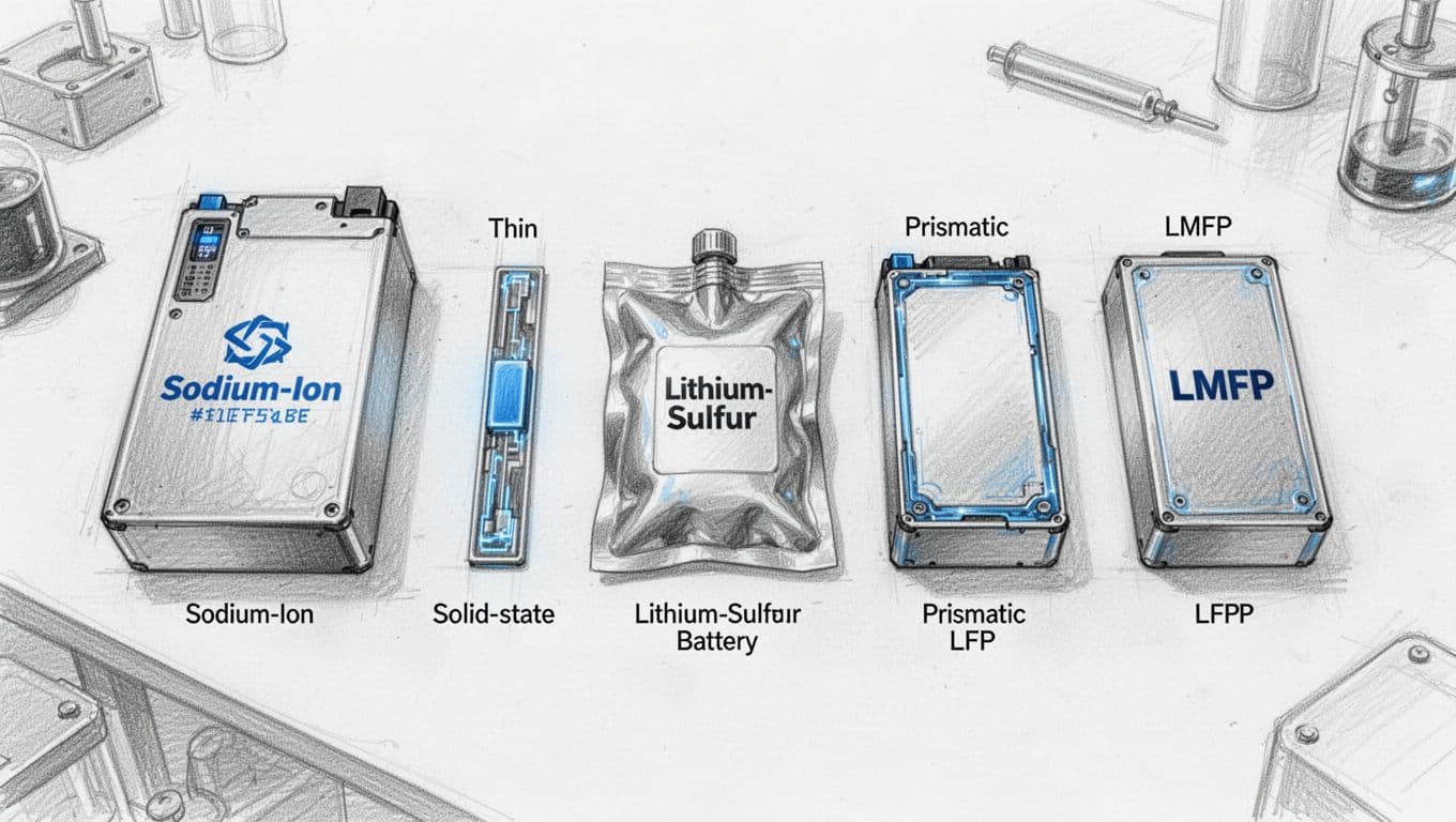 Hand-drawn top-down graphite sketch of five battery prototypes on a lab workbench: prismatic sodium-ion, solid-state, pouch lithium-sulfur, prismatic LFP, and LMFP cells, with fine linework, light shading, and subtle blue accents.