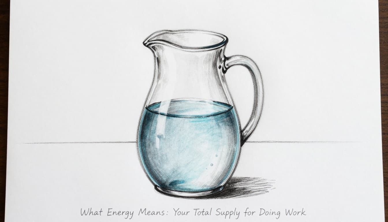 Hand-drawn sketch of a simple jug filled with water on a table, illustrating total energy capacity like fuel in a tank, with graphite linework, light shading, and subtle blue tint on the water surface against a clean white background.