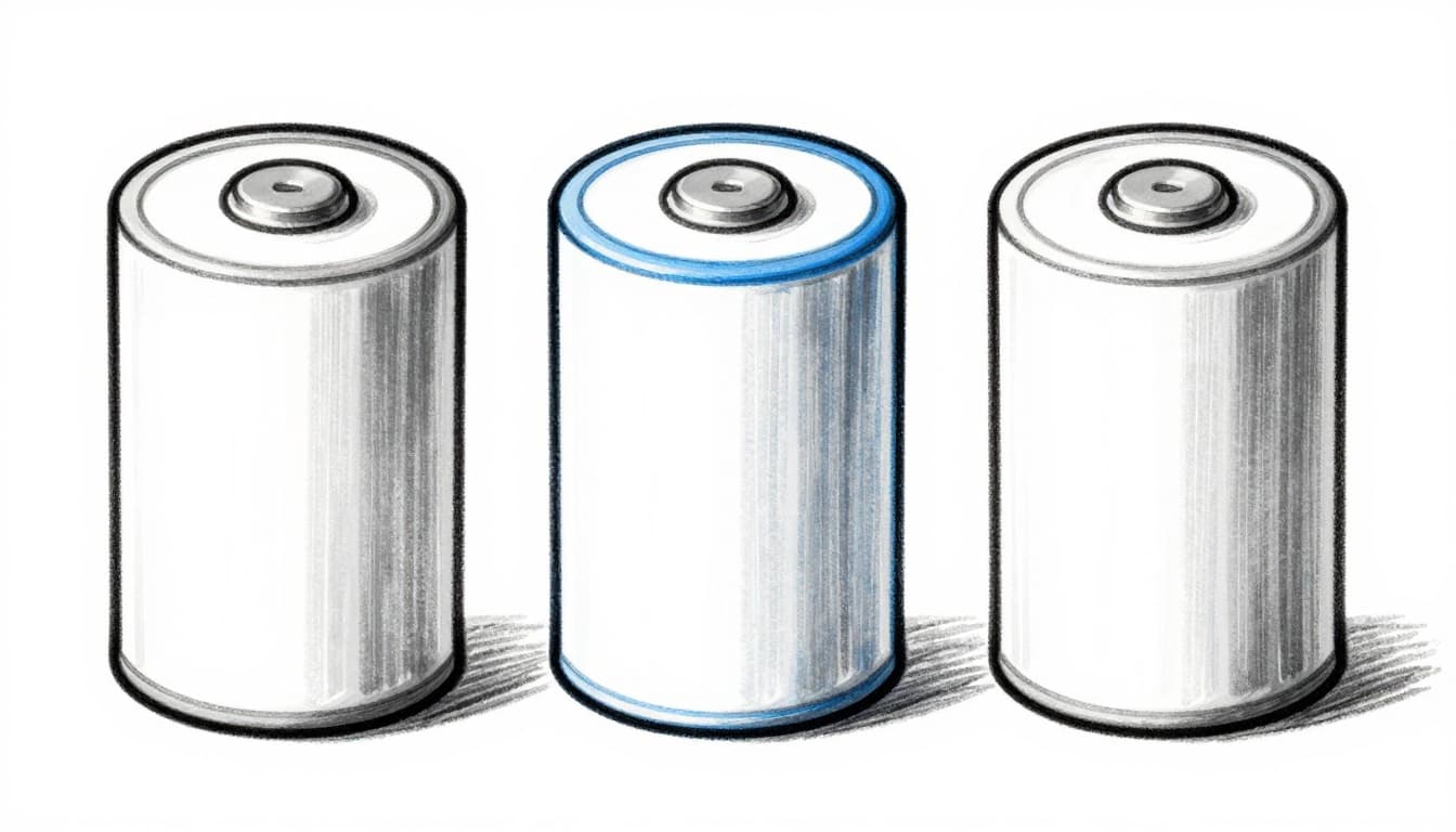 Hand-drawn graphite sketch of three EV battery cells—cylindrical, prismatic, and pouch—arranged side by side for simple visual comparison on a clean white background.
