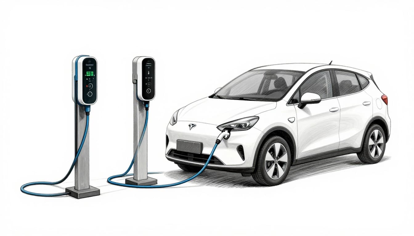 Hand-drawn graphite sketch depicting an EV car connected to a Level 2 home charger and a DC fast charger station, implying battery status. Features light shading on a clean white background with blue charger cables, no people, text, or logos.