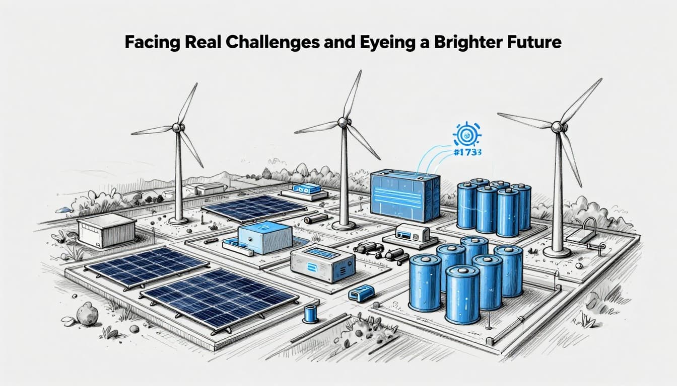 Hand-drawn sketch of a future energy grid integrating solar panels, wind turbines, lithium and flow batteries, and smart controls for long-term energy storage. Graphite linework with light shading on a clean light gray background, accented by blue AI tech icons.