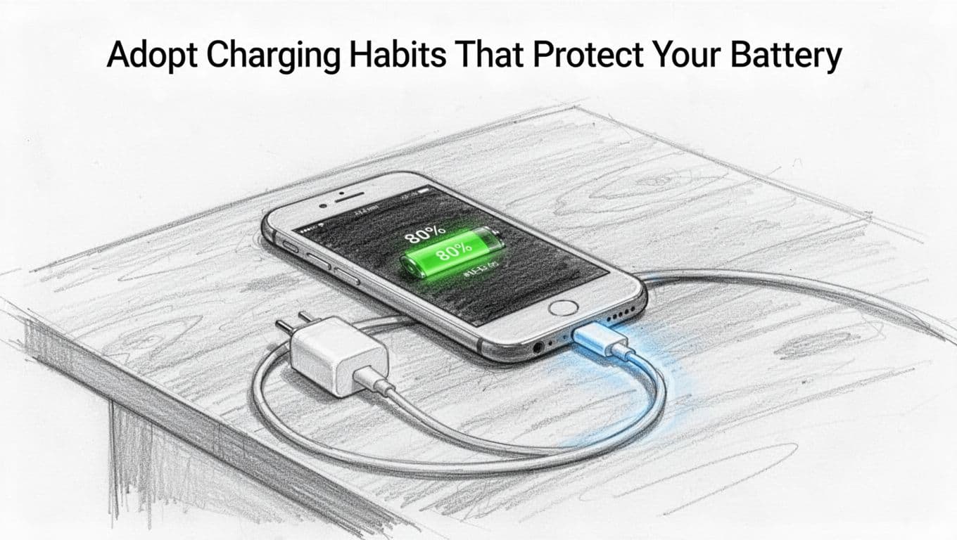 Hand-drawn graphite sketch on white paper shows a smartphone on a wooden desk connected to a charger cable with subtle blue glow, battery meter at 80%, no text or extra objects.