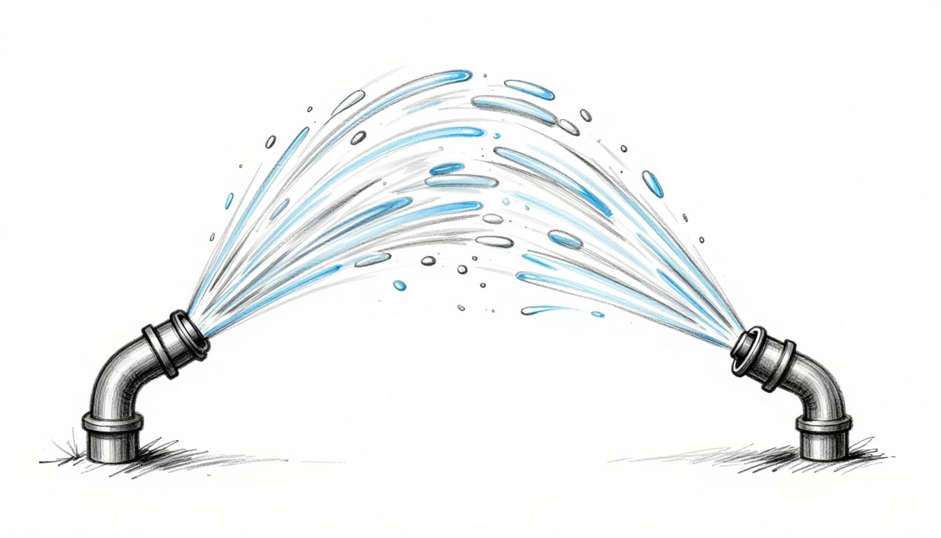 Hand-drawn graphite sketch on white paper showing side-by-side comparison: left high-pressure garden hose with strong far-reaching water stream, right low-pressure hose with short weak stream. Blue accent on water arcs only, simple composition.