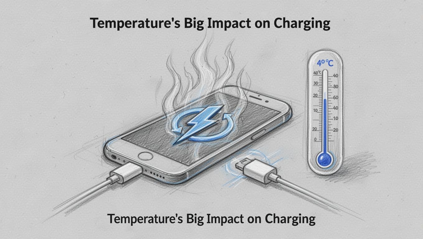 Hand-drawn graphite sketch depicting a smartphone overheating while charging, with a thermometer reading over 40°C, heat waves, and a slowed charging symbol.