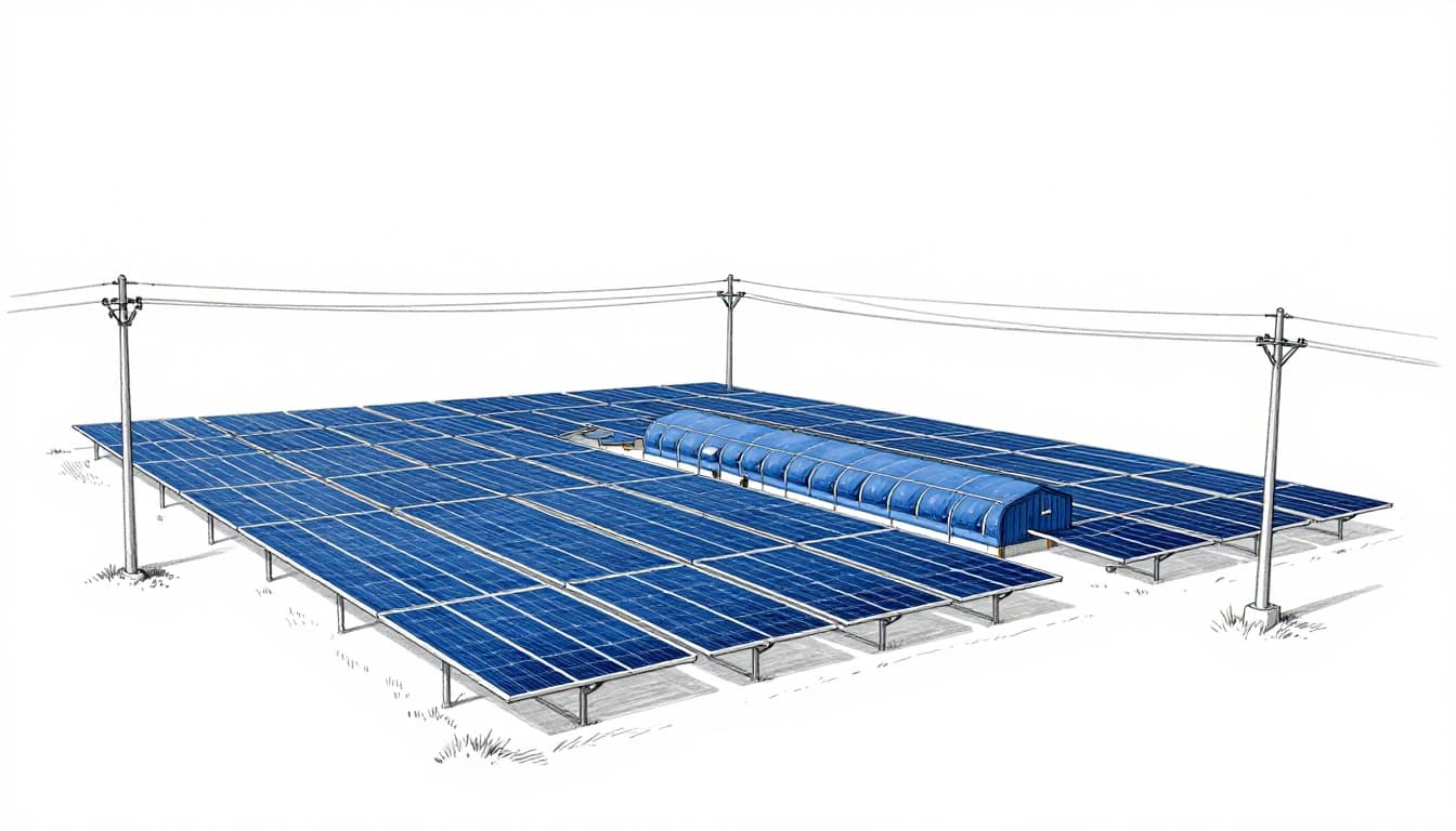Hand-drawn sketch of a large solar farm paired with a massive battery storage facility under a clear sky, connected to the grid by power lines. Graphite linework with light shading on a clean white background.