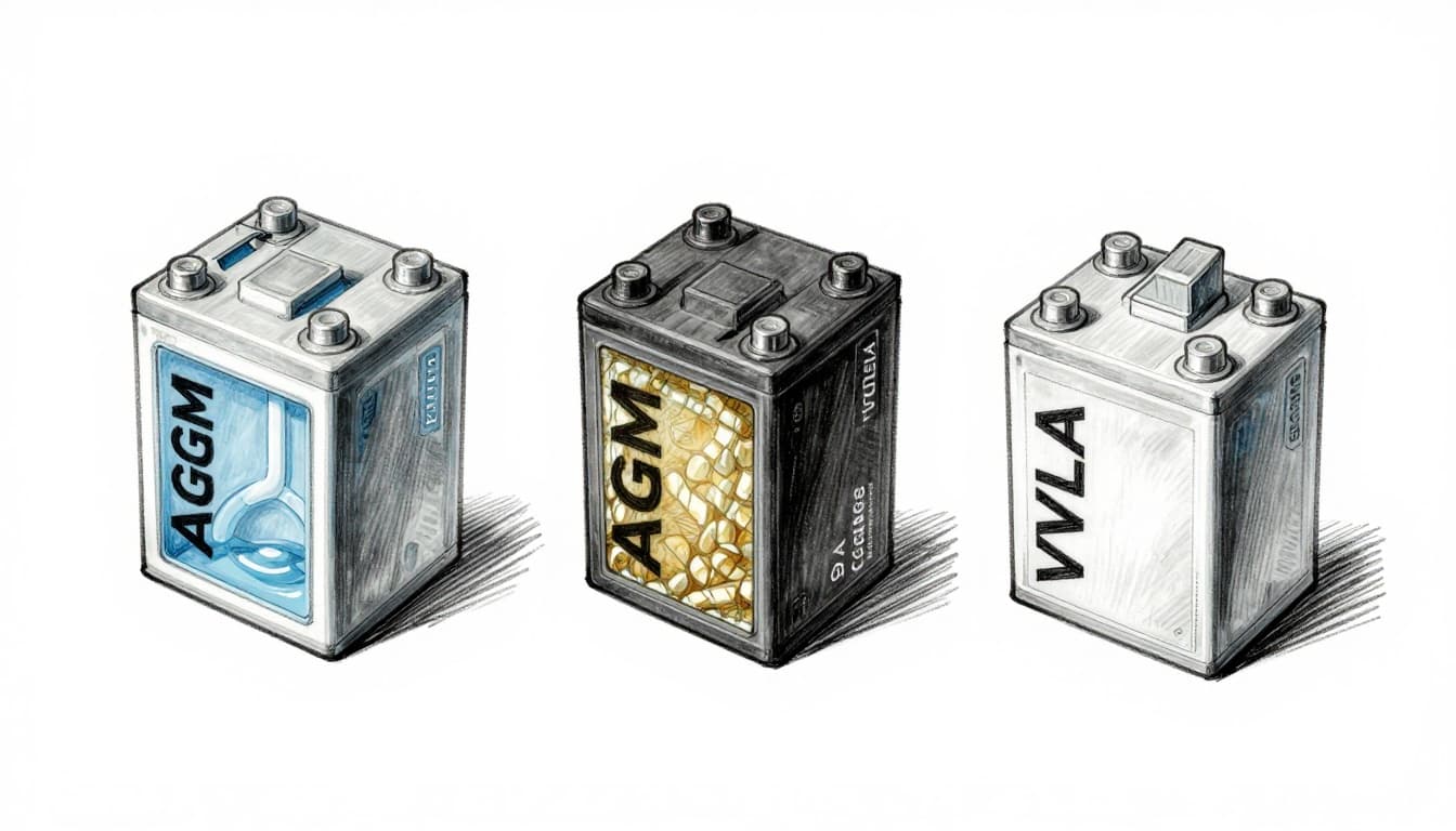 Hand-drawn sketch style illustration comparing flooded, AGM, and VRLA lead-acid batteries side by side in a cutaway view, highlighting visible electrolyte in flooded, glass mat in AGM, and sealed unit in VRLA, with graphite linework, light shading, white background, and blue accents.