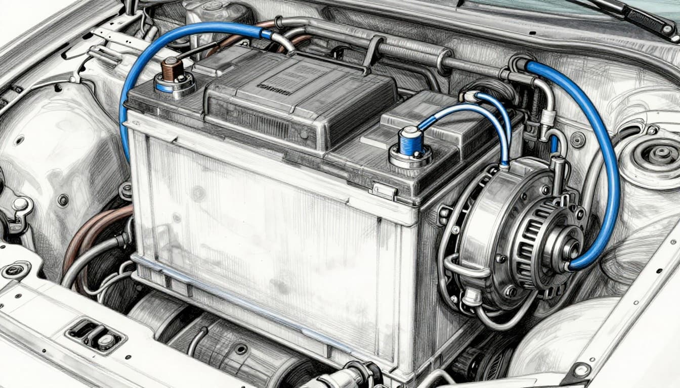Hand-drawn graphite sketch of a lead-acid battery connected via cables to a car starter motor and alternator in the engine bay, with light shading on white background and blue cables.