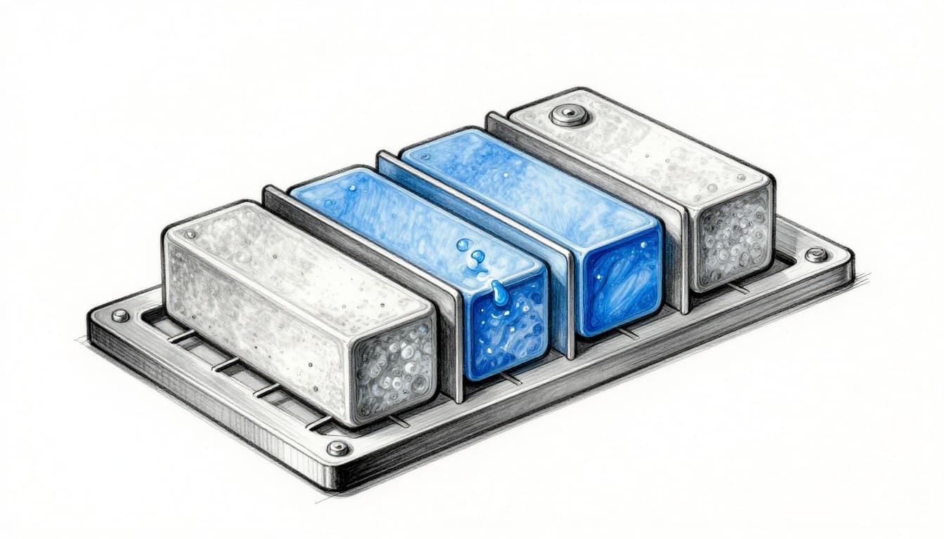 Hand-drawn sketch-style cross-section diagram revealing the internal components of a lead-acid battery, including positive plates coated with lead dioxide, negative sponge lead plates, sulfuric acid electrolyte, separators, and metal grids.