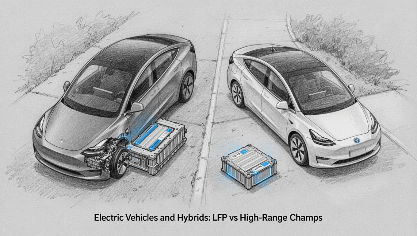 Hand-drawn graphite sketch from top-down view showing Tesla Model Y electric vehicle with exposed LFP battery pack and Toyota Prius hybrid with NiMH battery parked side by side on a driveway.