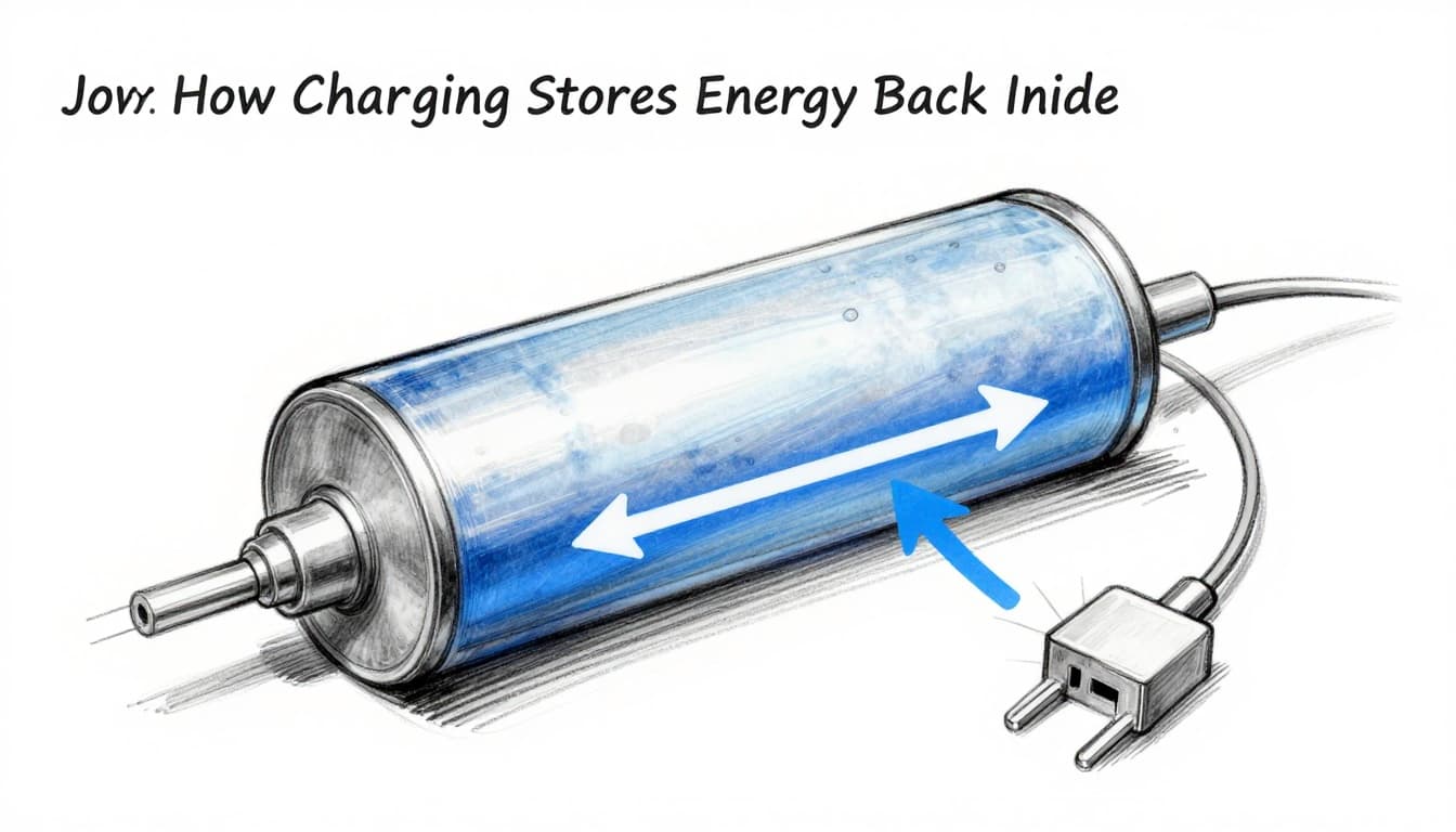 Hand-drawn sketch of the lithium-ion battery charging process, showing electrons pushed from charger into cathode then to anode externally, and ions moving from cathode to anode through electrolyte, with graphite linework, light shading, and accent arrows on clean white background.