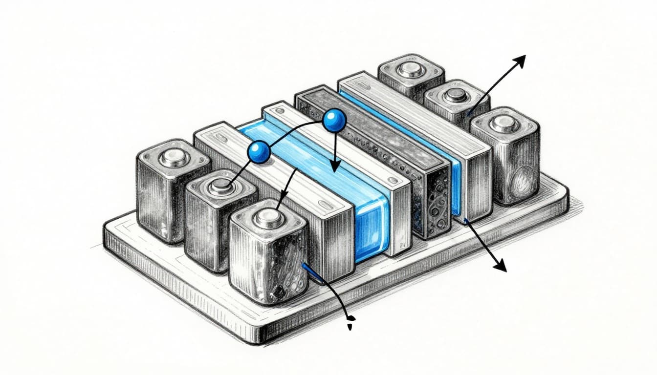 Hand-drawn sketch-style cross-section of a lithium-ion battery illustrating anode graphite layers, cathode metal oxide layers, electrolyte liquid, thin separator sheet, with shuttle ions and external electron flow.
