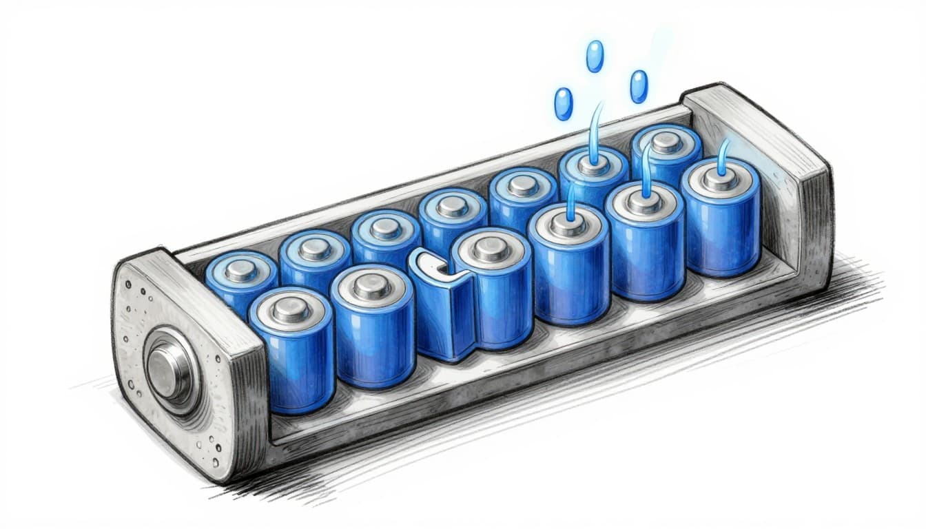 Hand-drawn sketch of a lithium-ion battery cross-section showing positive electrode with lithium compounds, negative graphite electrode, electrolyte, and ions moving from positive to negative during charging.