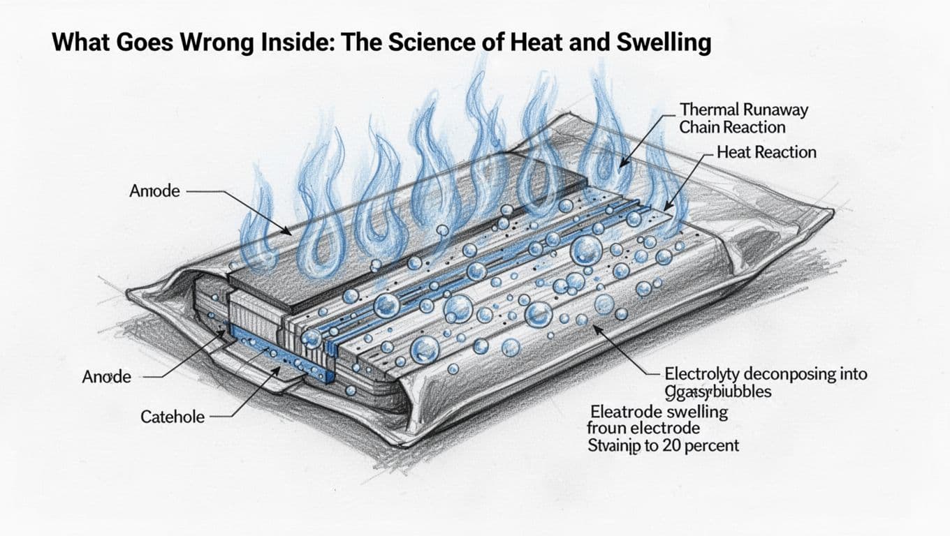 Hand-drawn sketch of a lithium-ion battery pouch cell cross-section showing anode, cathode, separator, electrolyte decomposing into gas bubbles causing 20% electrode swelling, and heat waves from thermal runaway chain reaction.