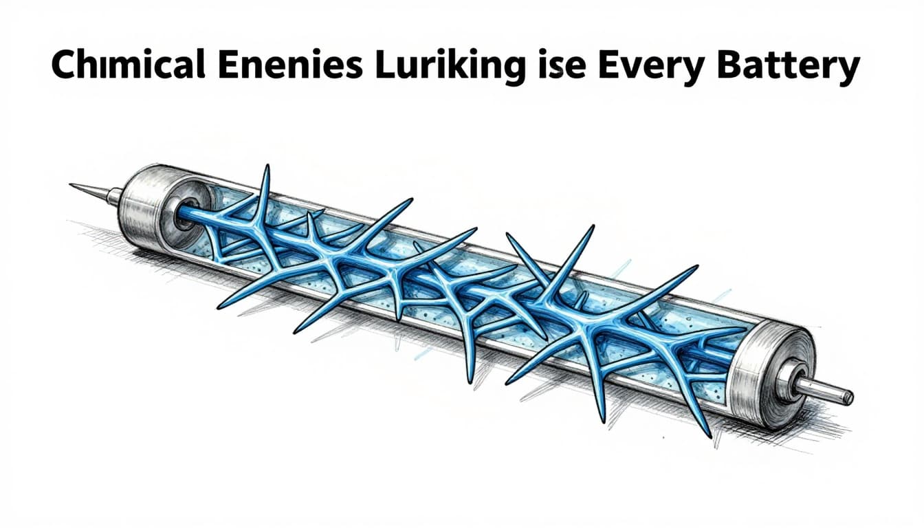 Hand-drawn sketch depicting dendrite growth inside a lithium-ion battery cell, with needle-like structures piercing the separator and leading to short circuit sparks in a cutaway view.