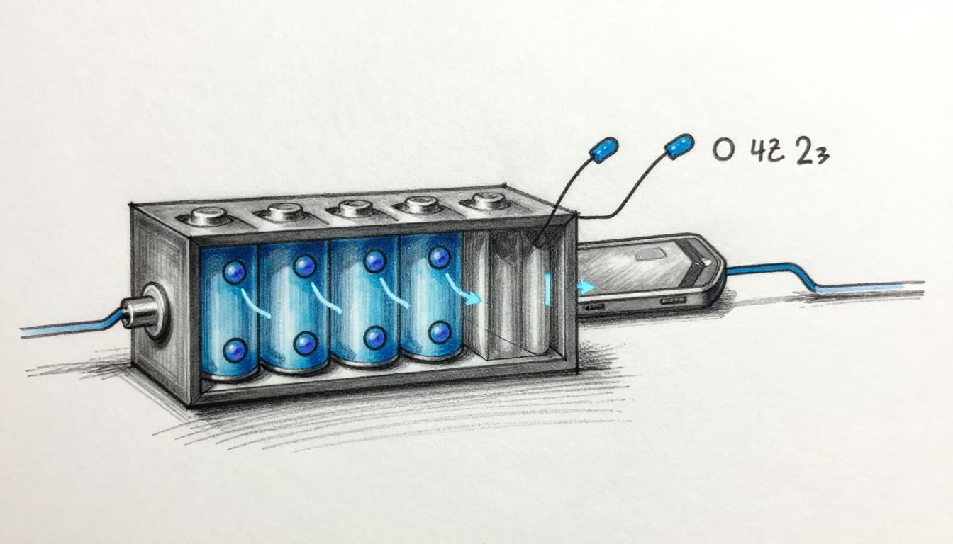 Hand-drawn graphite sketch depicting the discharging process in a lithium-ion battery, with lithium ions shuttling from anode to cathode through the electrolyte and electrons flowing externally to power a device.