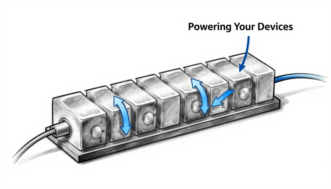 Hand-drawn sketch illustrating step-by-step discharging in a lithium-ion battery, showing ions moving from graphite anode through electrolyte to cathode and electrons flowing externally to power a phone, with blue accent arrows.