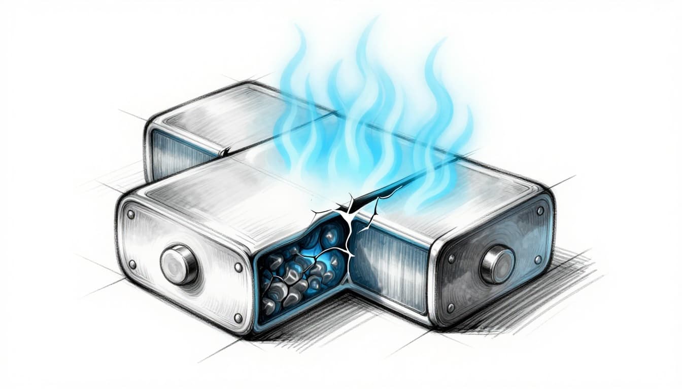 Hand-drawn sketch depicting a lithium-ion battery cell exposed to high heat, illustrating internal damage like a thickening SEI layer and cracks in a cutaway view on a workbench with rising heat waves.