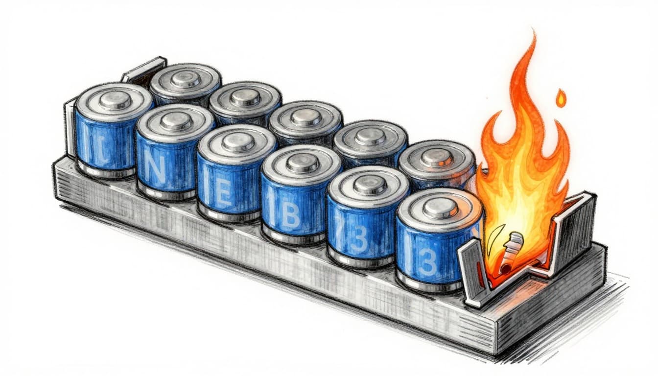 Hand-drawn sketch in scientific notebook style showing a lithium-ion battery cross-section during thermal runaway, with damaged separator, short circuit, heat buildup, gas release, and emerging flames.