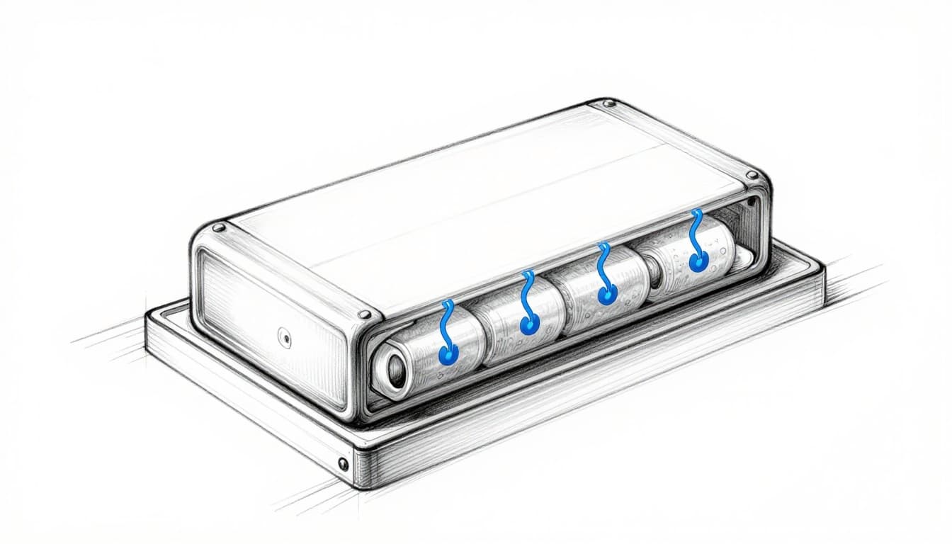 Hand-drawn graphite sketch of a single lithium-ion EV battery cell cross-section in a vehicle under-floor pack, depicting cathode, anode, electrolyte, separator, and ions flowing during discharge with blue accent path.