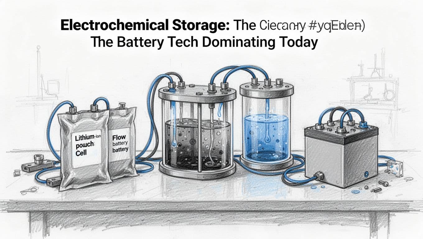 A cohesive hand-drawn sketch featuring exactly three energy storage batteries—lithium-ion pouch cells, flow battery tanks with liquids, and solid-state prototypes—arranged on a research lab workbench with graphite linework, light shading, and blue accents.