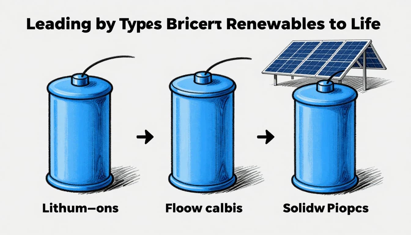 Hand-drawn sketch icons of lithium-ion, flow, and solid-state batteries side by side in grid storage context next to a solar farm, featuring graphite linework, light shading, and blue outlines on a clean light gray background.