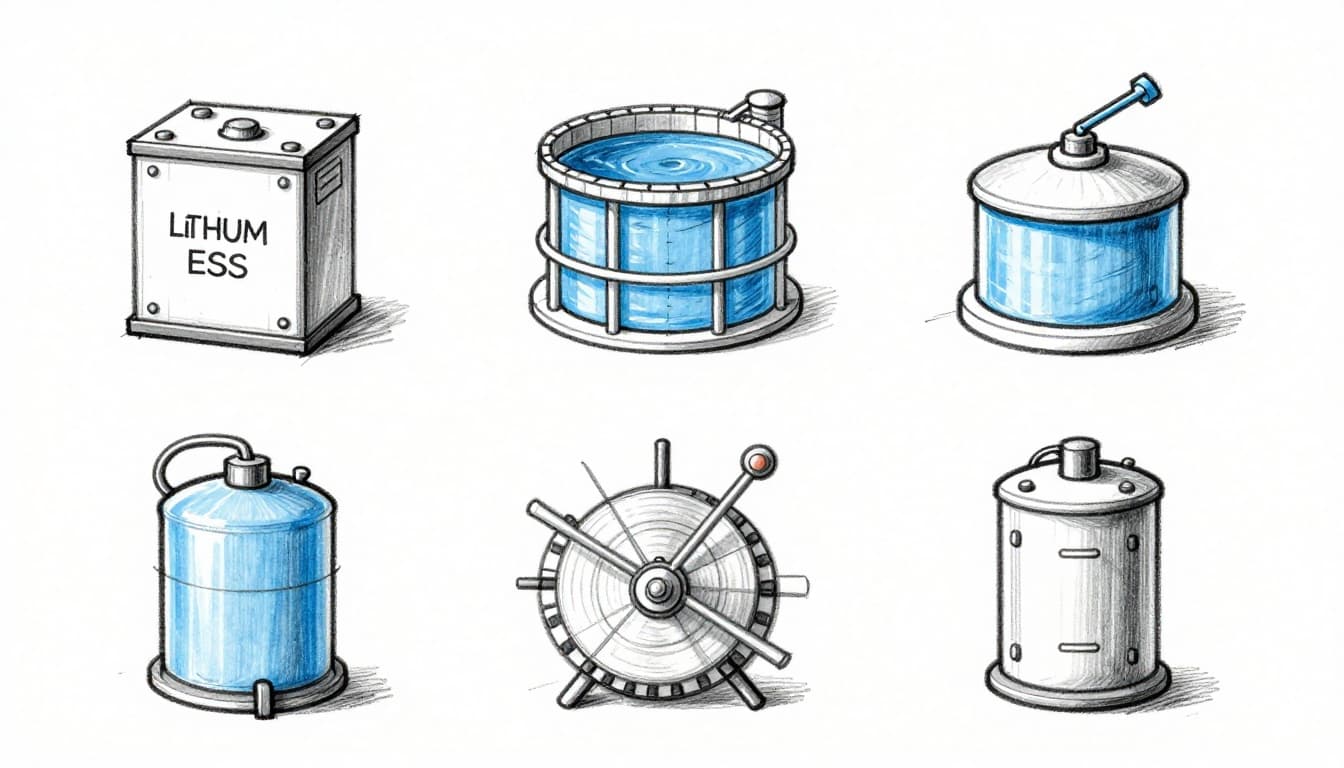 Hand-drawn graphite linework sketch on white paper background showing icons of five key energy storage systems: lithium-ion battery pack, pumped hydro dam, spinning flywheel, molten salt tank, and hydrogen fuel cell, arranged in a balanced grid layout with blue accent highlights.