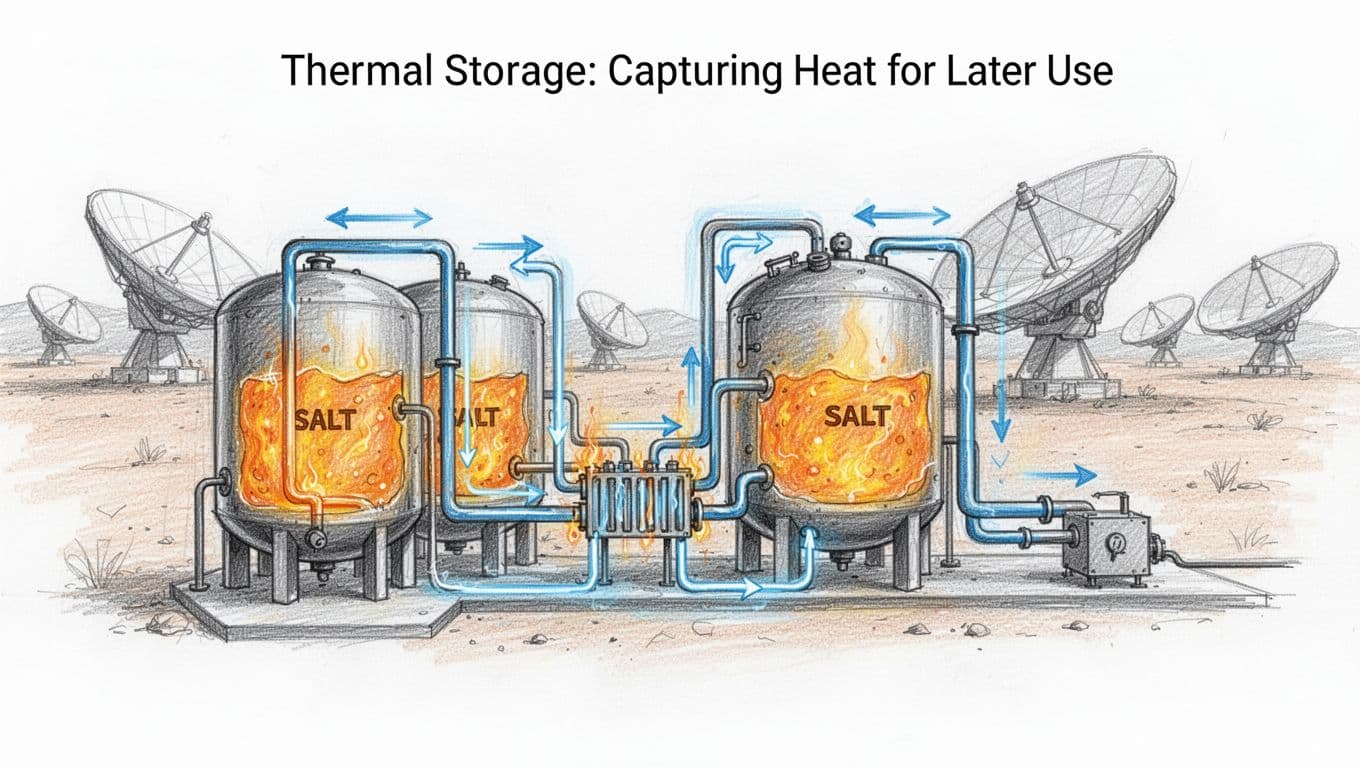 Side view hand-drawn sketch of a thermal energy storage system with two large insulated tanks holding molten salt, connected by pipes to a heat exchanger and background solar heliostats in a desert setting, featuring heat flow arrows.