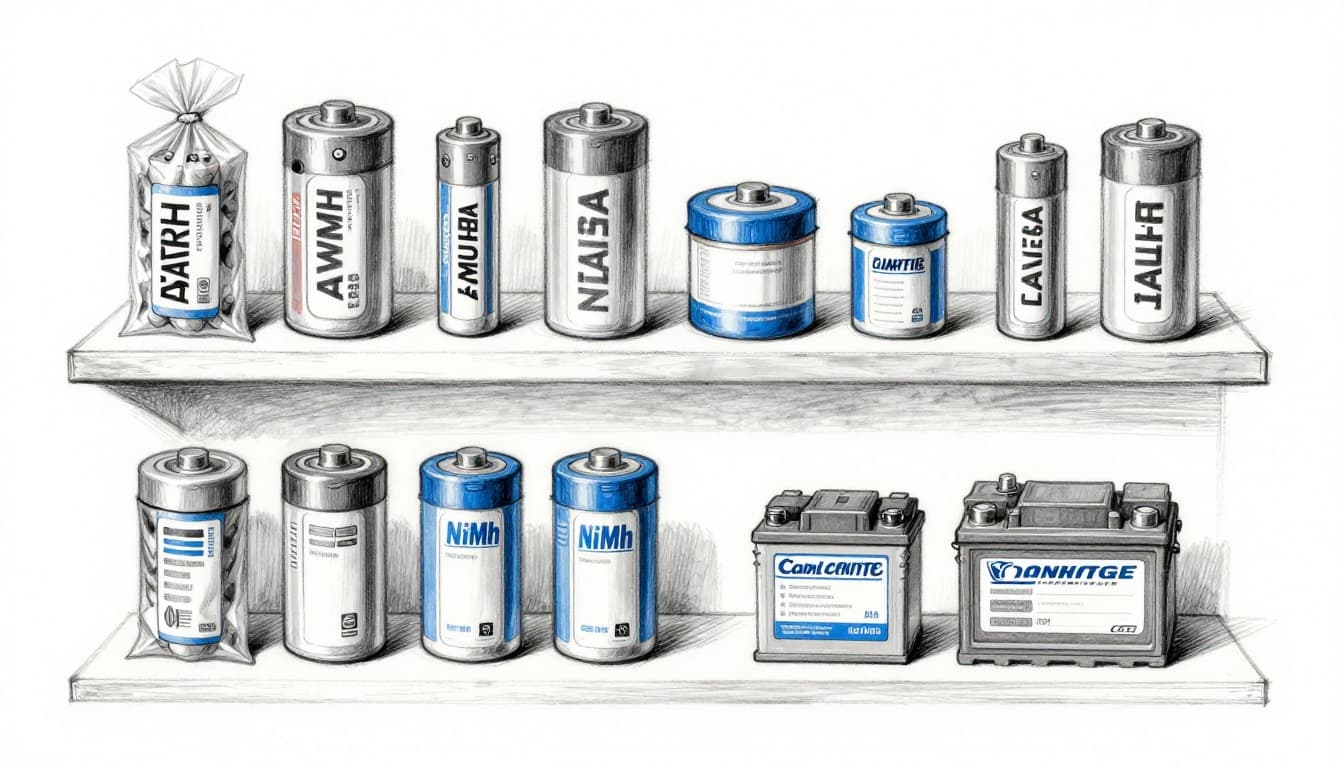 Hand-drawn graphite sketch depicting various battery types safely organized in containers on a shelf: AA alkalines in taped plastic bags, NiMH rechargeables, lithium-ion in fire bag, and car battery with covers.