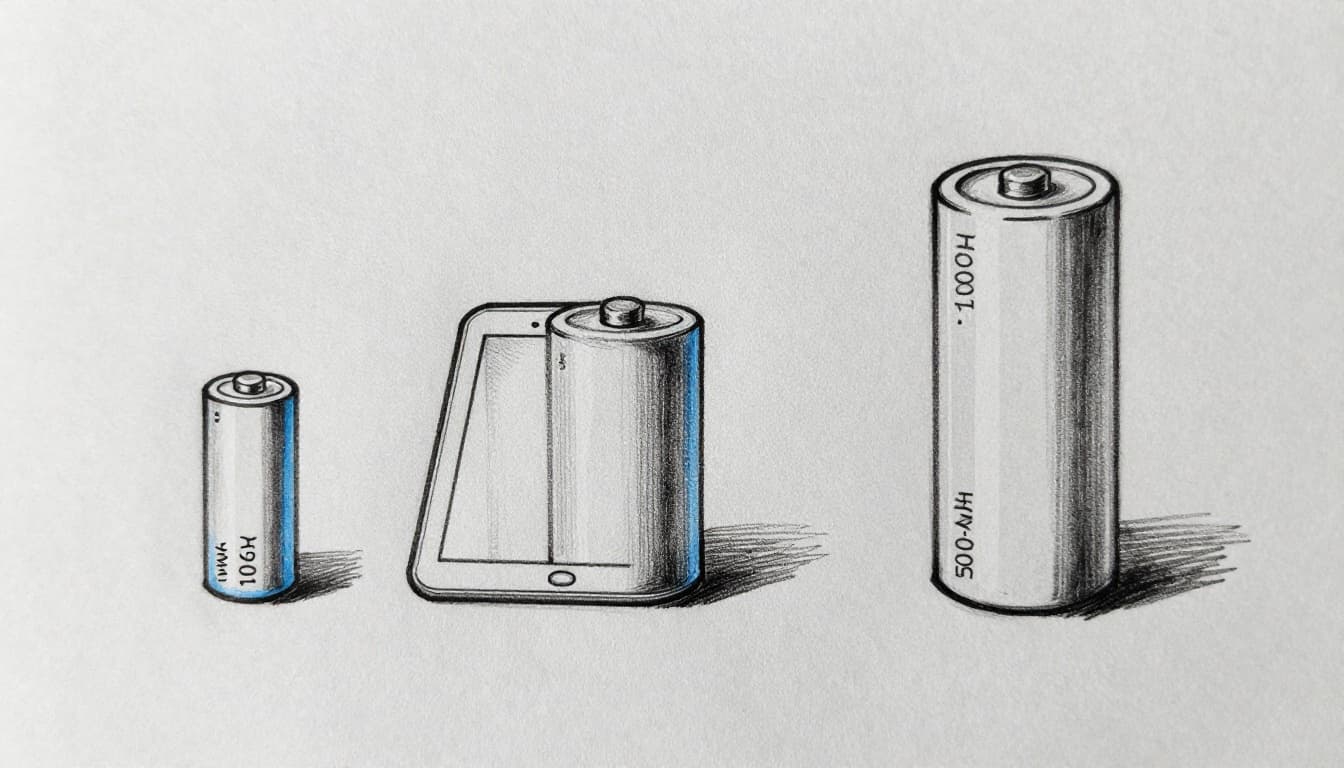 Hand-drawn graphite sketch on light gray paper showing side-by-side size comparison of small phone battery (10-20Wh), medium tablet battery, and large laptop battery (50-100Wh) with thin linework, light shading, and blue accent outlines.