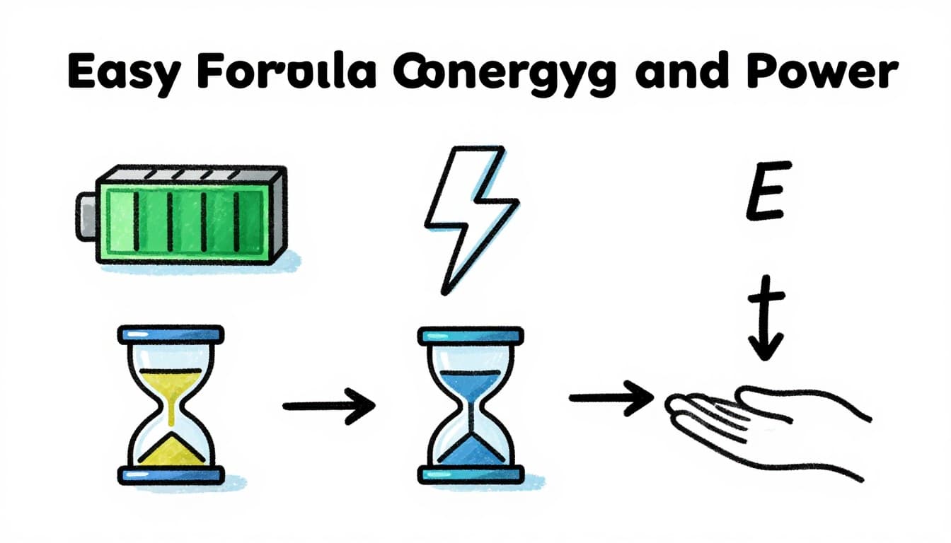 Hand-drawn sketch icons featuring a full battery for energy, lightning bolt for power, and hourglass for time, connected by arrows to illustrate the P = E / t relationship. Graphite linework with light shading on white background and blue accents, arranged horizontally in landscape composition.