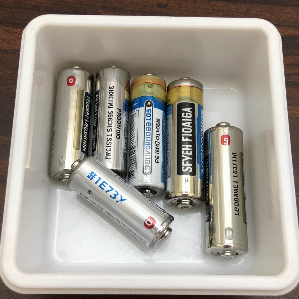 Hand-drawn graphite sketch of five batteries in a plastic organizer drawer, terminals taped, stored safely away from heat and metal on a white background with blue accents.