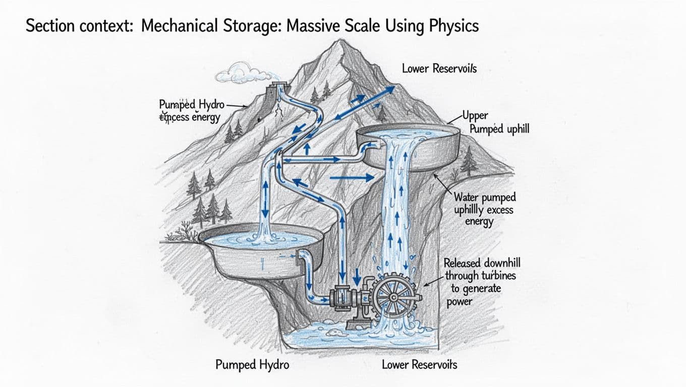 Cross-section diagram of a pumped hydro energy storage system showing upper and lower reservoirs on a mountain, with water pumped uphill via pipes during excess energy and released downhill through turbines to generate power, in a simple hand-drawn sketch style.