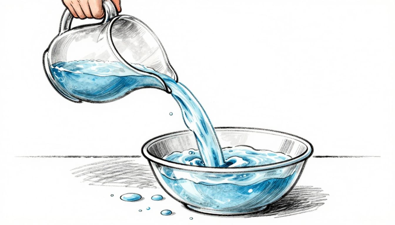 Hand-drawn graphite sketch of water pouring rapidly from a tilted jug into a bowl below, symbolizing power as the fast rate of energy transfer. Light shading on clean white background with blue-tinted streaming water, dynamic landscape composition.