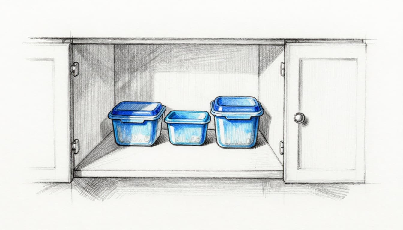 Hand-drawn graphite sketch on white paper showing two safe home storage spots for batteries in plastic containers: a kitchen cabinet away from the stove and a basement shelf, with light shading and blue accents on containers.